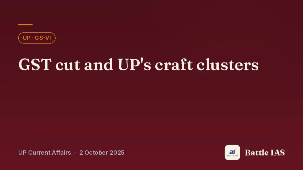 Battle IAS UP current affairs title card: GST cut and UP's craft clusters (, 2 October 2025)