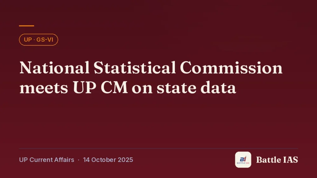 Battle IAS UP current affairs title card: National Statistical Commission meets UP CM on state data (, 14 October 2025)