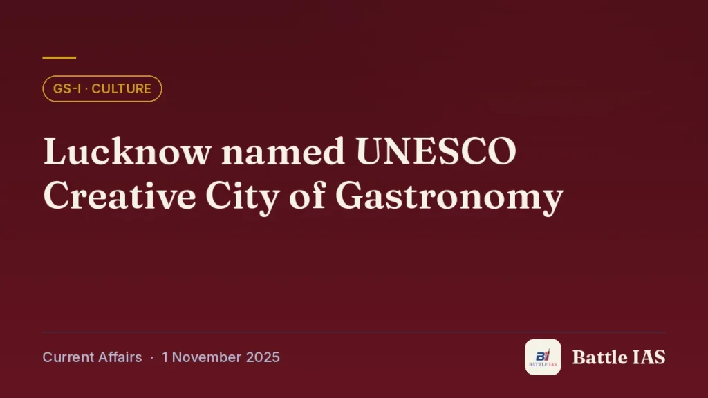 Battle IAS current affairs title card: Lucknow named UNESCO Creative City of Gastronomy (GS1 · Culture, 1 November 2025)