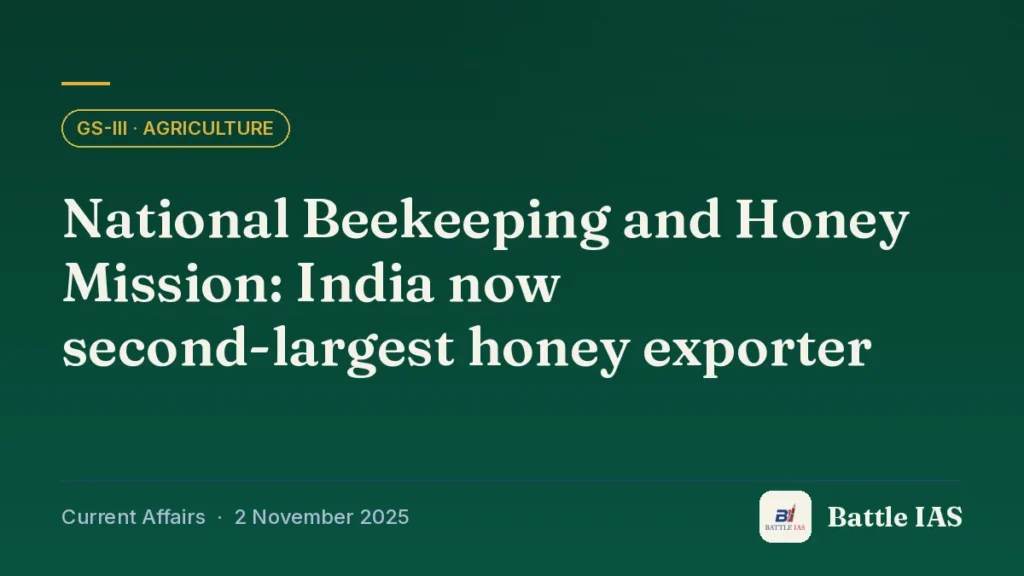 Battle IAS current affairs title card: National Beekeeping and Honey Mission: India now second-largest honey exporter (GS3 · Agriculture, 2 November 2025)