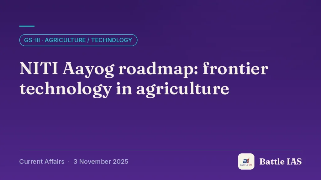 Battle IAS current affairs title card: NITI Aayog roadmap: frontier technology in agriculture (GS3 · Agriculture / technology, 3 November 2025)