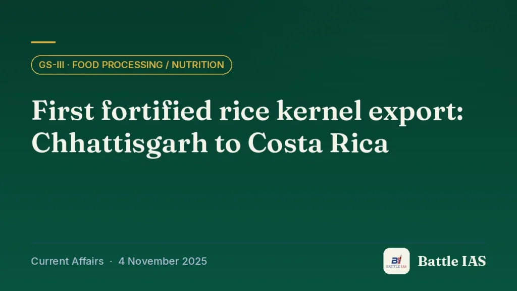 Battle IAS current affairs title card: First fortified rice kernel export: Chhattisgarh to Costa Rica (GS3 · Food processing / nutrition, 4 November 2025)