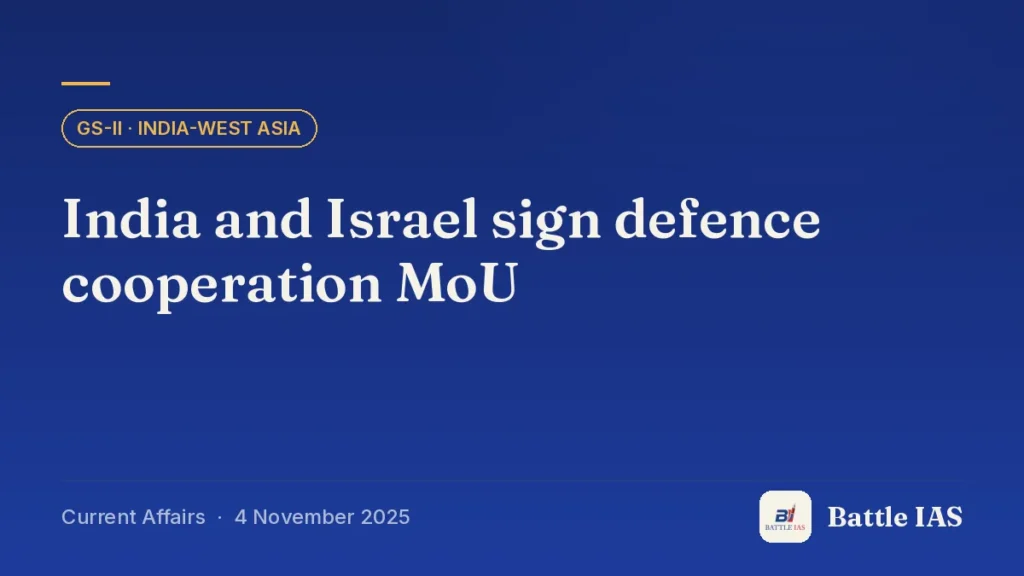 Battle IAS current affairs title card: India and Israel sign defence cooperation MoU (GS2 · India-West Asia, 4 November 2025)