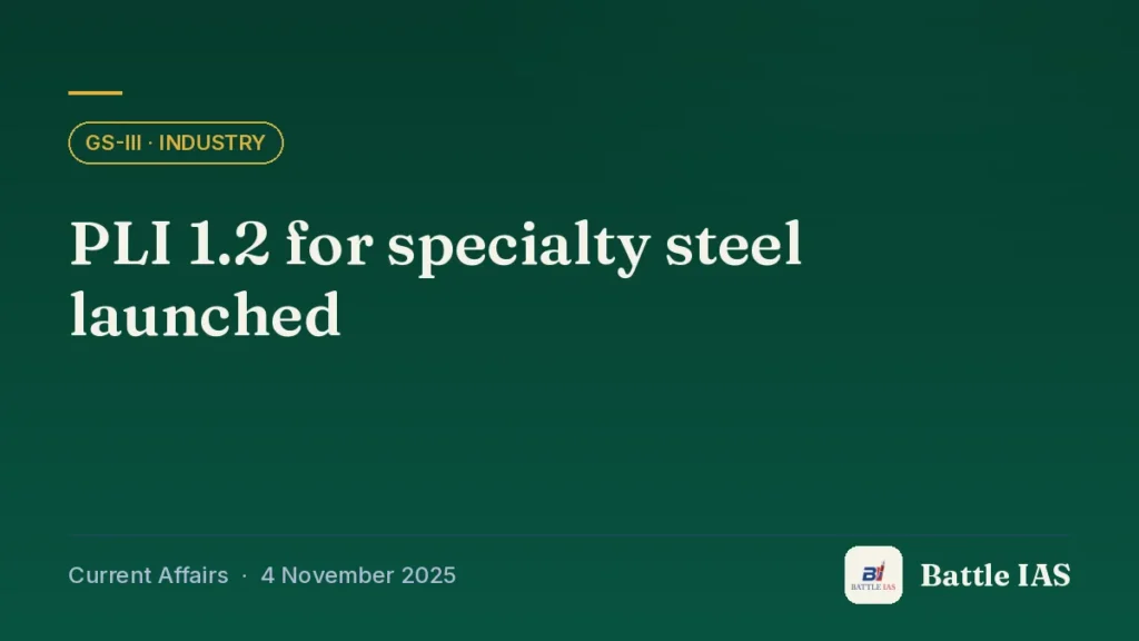 Battle IAS current affairs title card: PLI 1.2 for specialty steel launched (GS3 · Industry, 4 November 2025)