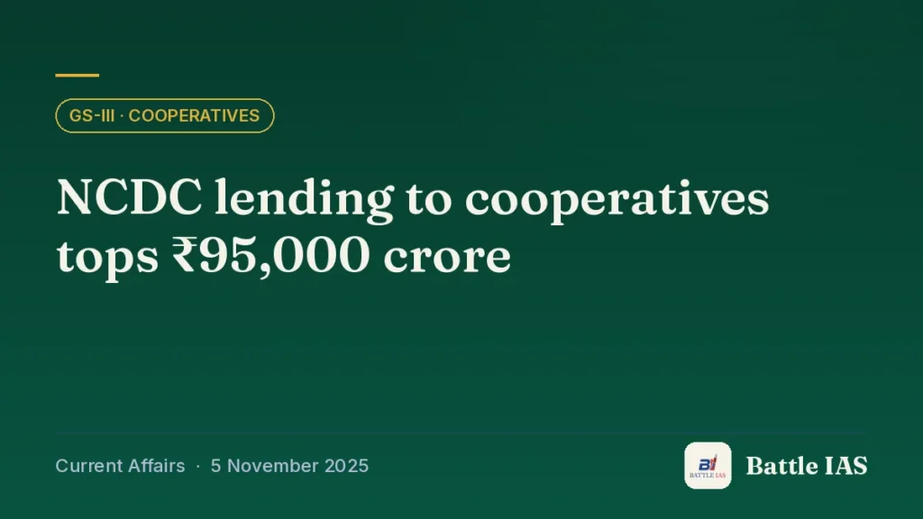 Battle IAS current affairs title card: NCDC lending to cooperatives tops ₹95,000 crore (GS3 · Cooperatives, 5 November 2025)