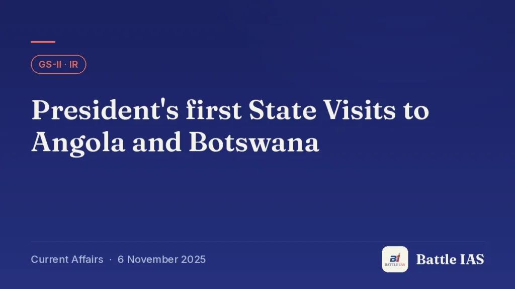 Battle IAS current affairs title card: President's first State Visits to Angola and Botswana (GS2 · IR, 6 November 2025)