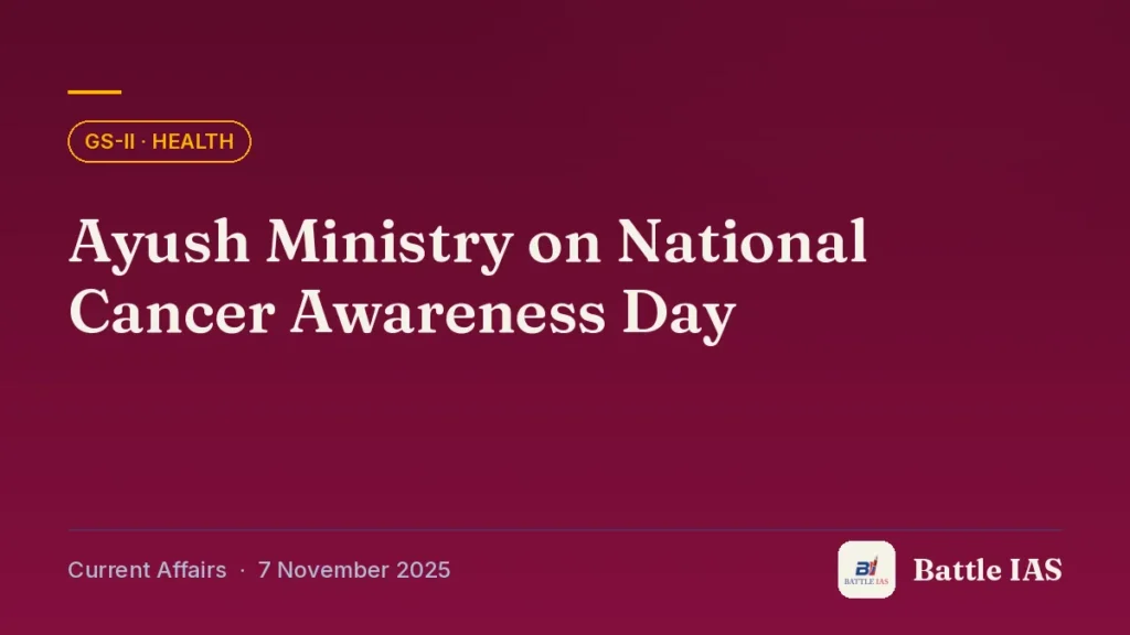 Battle IAS current affairs title card: Ayush Ministry on National Cancer Awareness Day (GS2 · Health, 7 November 2025)