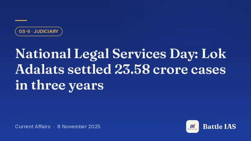 Battle IAS current affairs title card: National Legal Services Day: Lok Adalats settled 23.58 crore cases in three years (GS2 · Judiciary, 8 November 2025)