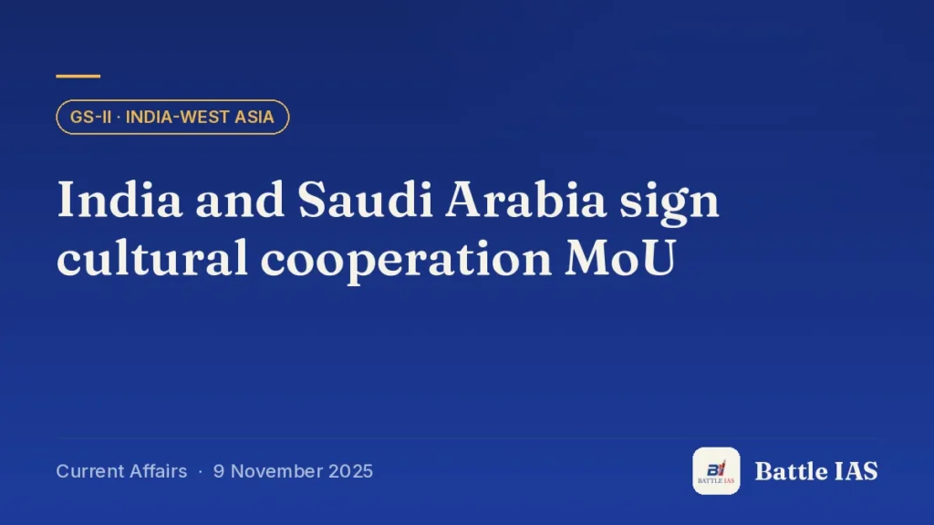 Battle IAS current affairs title card: India and Saudi Arabia sign cultural cooperation MoU (GS2 · India-West Asia, 9 November 2025)