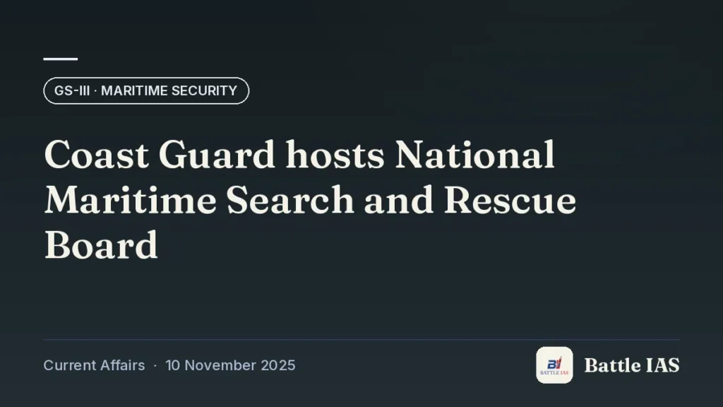 Battle IAS current affairs title card: Coast Guard hosts National Maritime Search and Rescue Board (GS3 · Maritime security, 10 November 2025)