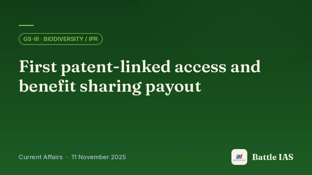 Battle IAS current affairs title card: First patent-linked access and benefit sharing payout (GS3 · Biodiversity / IPR, 11 November 2025)
