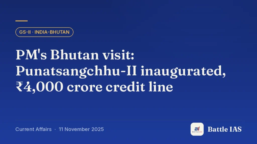 Battle IAS current affairs title card: PM's Bhutan visit: Punatsangchhu-II inaugurated, ₹4,000 crore credit line (GS2 · India-Bhutan, 11 November 2025)