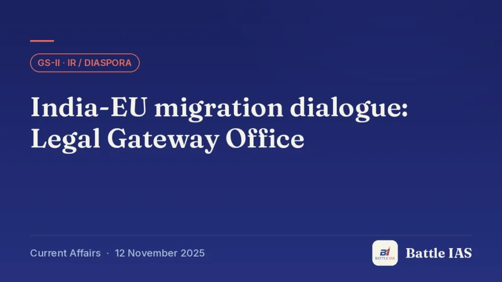 Battle IAS current affairs title card: India-EU migration dialogue: Legal Gateway Office (GS2 · IR / Diaspora, 12 November 2025)