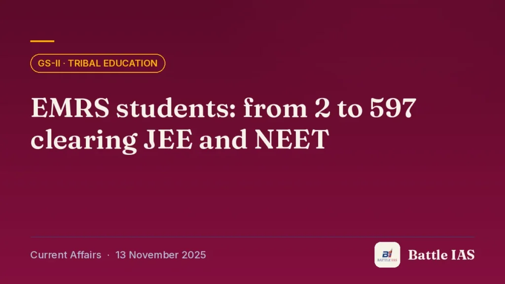 Battle IAS current affairs title card: EMRS students: from 2 to 597 clearing JEE and NEET (GS2 · Tribal education, 13 November 2025)
