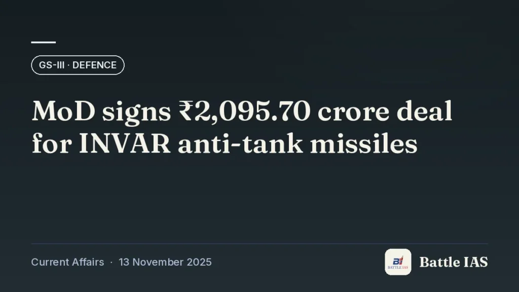 Battle IAS current affairs title card: MoD signs ₹2,095.70 crore deal for INVAR anti-tank missiles (GS3 · Defence, 13 November 2025)