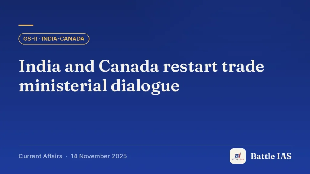 Battle IAS current affairs title card: India and Canada restart trade ministerial dialogue (GS2 · India-Canada, 14 November 2025)