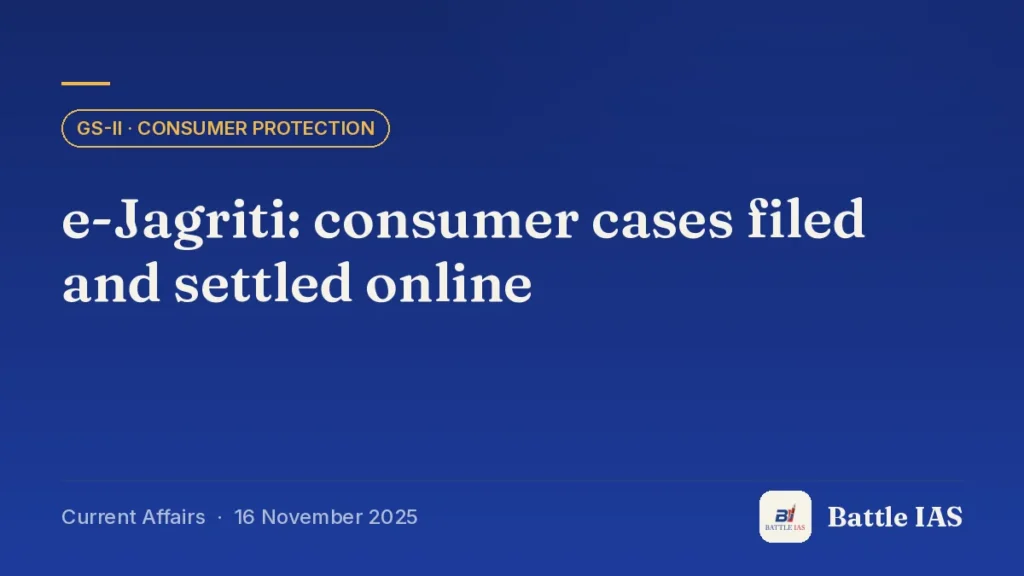 Battle IAS current affairs title card: e-Jagriti: consumer cases filed and settled online (GS2 · Consumer protection, 16 November 2025)