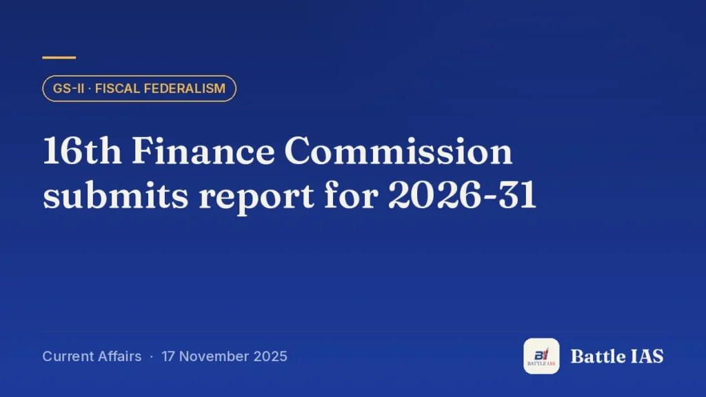 Battle IAS current affairs title card: 16th Finance Commission submits report for 2026-31 (GS2 · Fiscal federalism, 17 November 2025)
