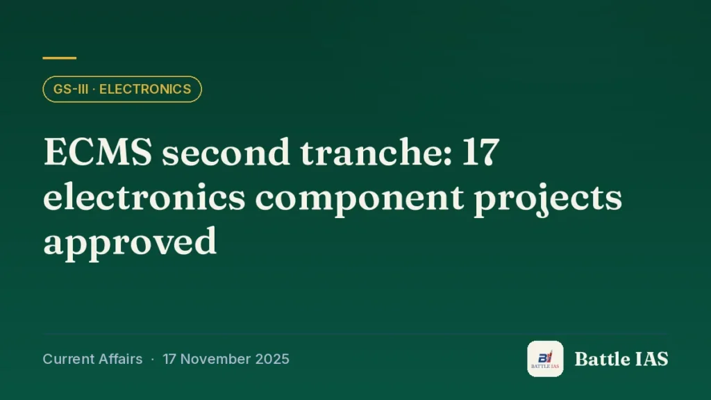 Battle IAS current affairs title card: ECMS second tranche: 17 electronics component projects approved (GS3 · Electronics, 17 November 2025)