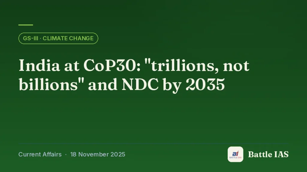 Battle IAS current affairs title card: India at CoP30: "trillions, not billions" and NDC by 2035 (GS3 · Climate change, 18 November 2025)