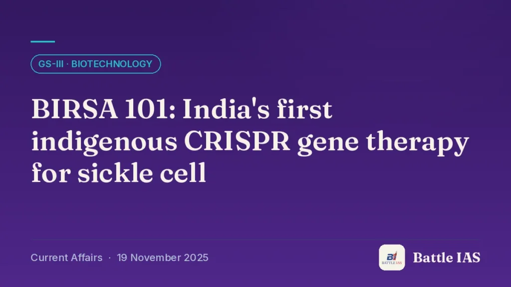 Battle IAS current affairs title card: BIRSA 101: India's first indigenous CRISPR gene therapy for sickle cell (GS3 · Biotechnology, 19 November 2025)