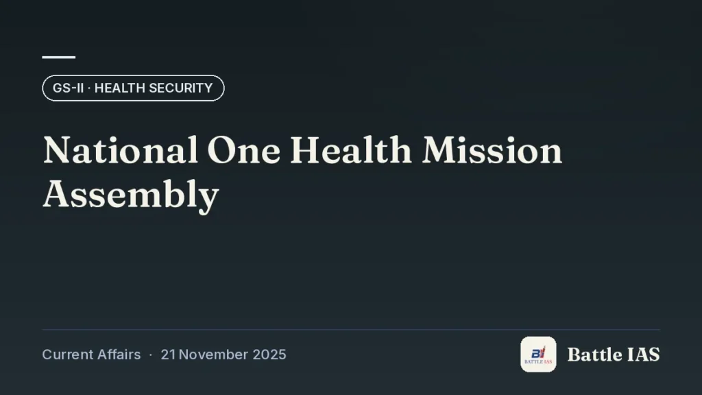 Battle IAS current affairs title card: National One Health Mission Assembly (GS2 · Health security, 21 November 2025)