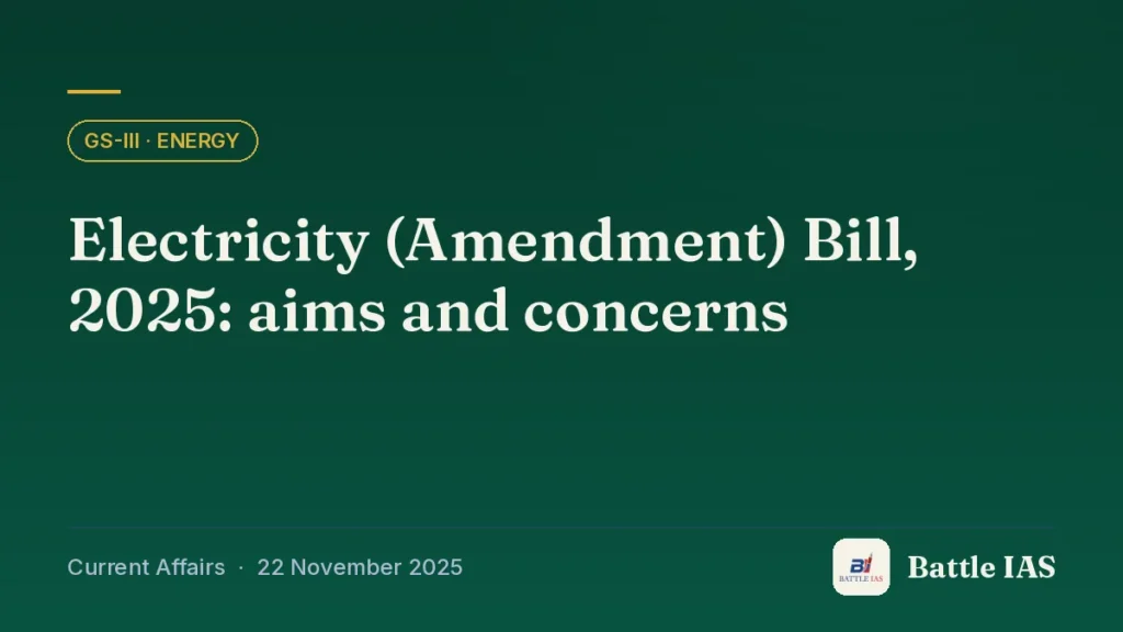 Battle IAS current affairs title card: Electricity (Amendment) Bill, 2025: aims and concerns (GS3 · Energy, 22 November 2025)