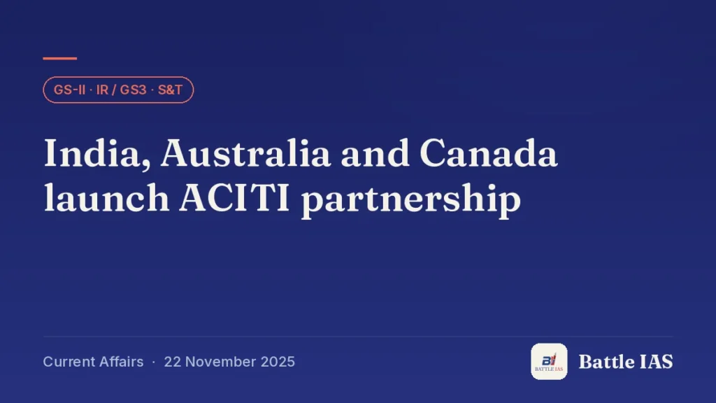 Battle IAS current affairs title card: India, Australia and Canada launch ACITI partnership (GS2 · IR / GS3 · S&T, 22 November 2025)
