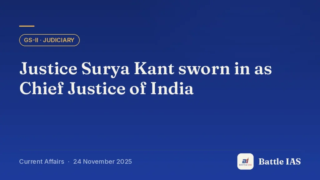Battle IAS current affairs title card: Justice Surya Kant sworn in as Chief Justice of India (GS2 · Judiciary, 24 November 2025)