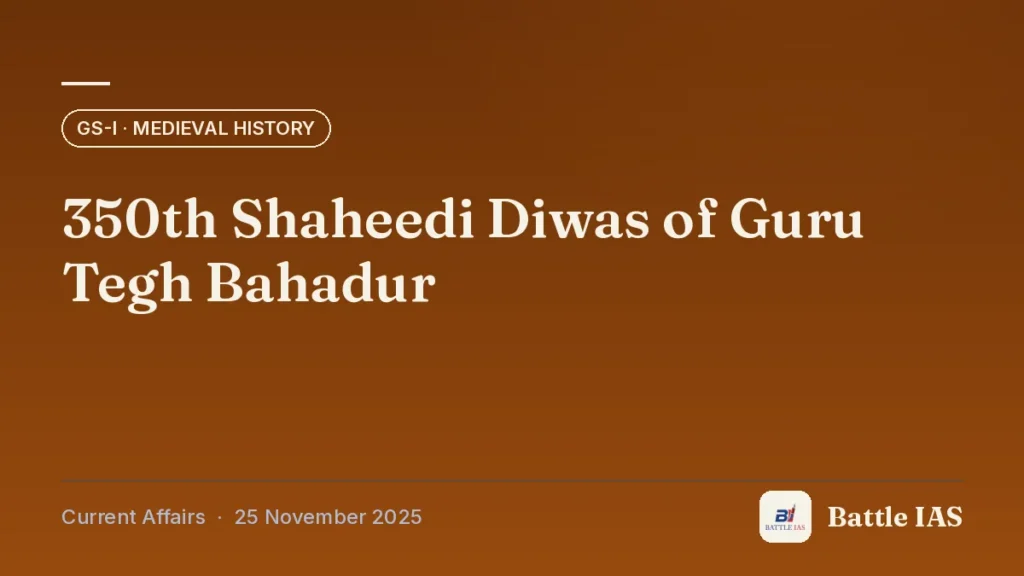 Battle IAS current affairs title card: 350th Shaheedi Diwas of Guru Tegh Bahadur (GS1 · Medieval history, 25 November 2025)