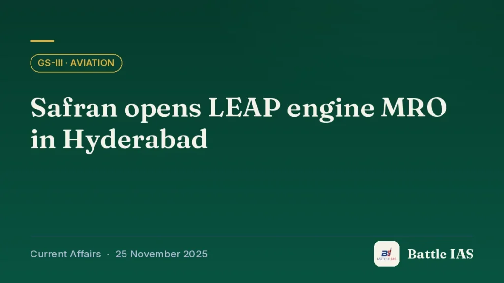 Battle IAS current affairs title card: Safran opens LEAP engine MRO in Hyderabad (GS3 · Aviation, 25 November 2025)