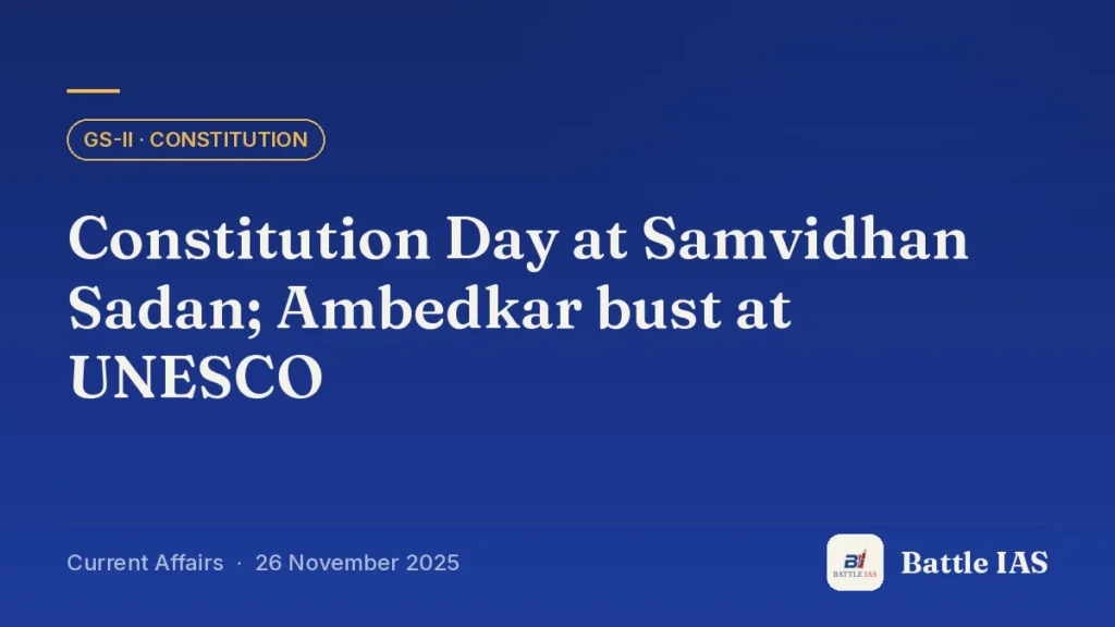 Battle IAS current affairs title card: Constitution Day at Samvidhan Sadan; Ambedkar bust at UNESCO (GS2 · Constitution, 26 November 2025)