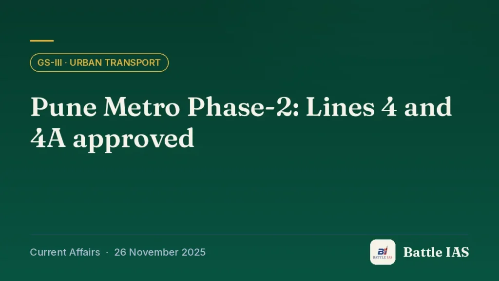 Battle IAS current affairs title card: Pune Metro Phase-2: Lines 4 and 4A approved (GS3 · Urban transport, 26 November 2025)