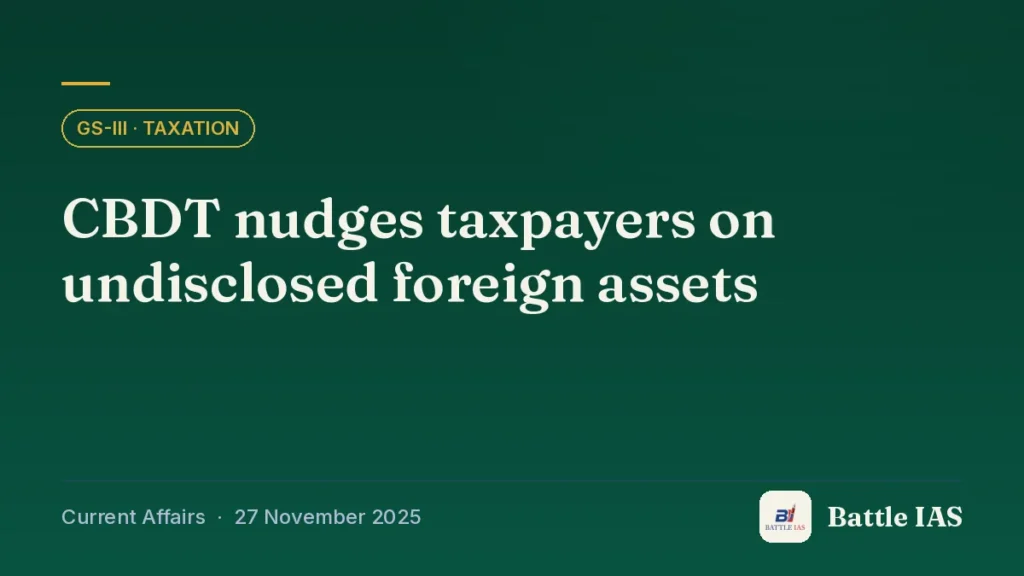 Battle IAS current affairs title card: CBDT nudges taxpayers on undisclosed foreign assets (GS3 · Taxation, 27 November 2025)