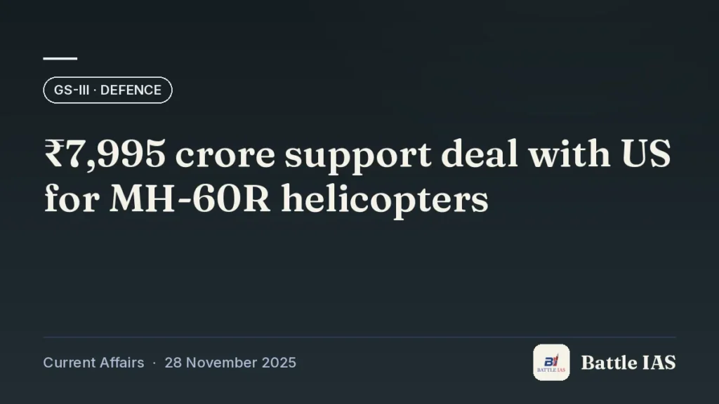 Battle IAS current affairs title card: ₹7,995 crore support deal with US for MH-60R helicopters (GS3 · Defence, 28 November 2025)
