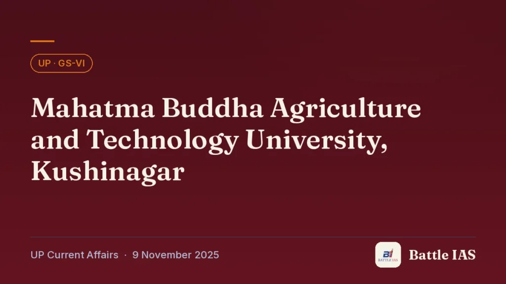 Battle IAS UP current affairs title card: Mahatma Buddha Agriculture and Technology University, Kushinagar (, 9 November 2025)
