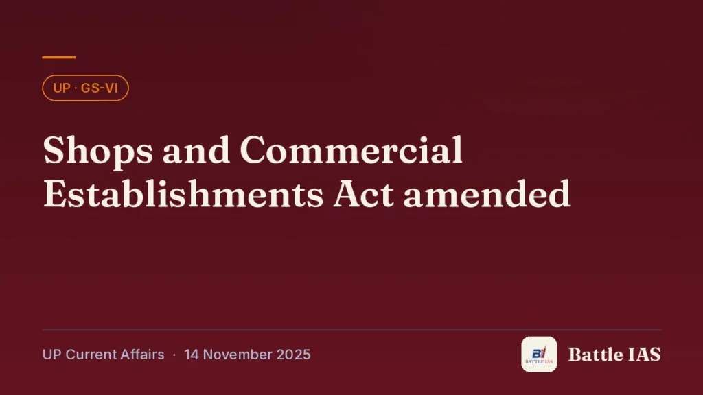 Battle IAS UP current affairs title card: Shops and Commercial Establishments Act amended (, 14 November 2025)