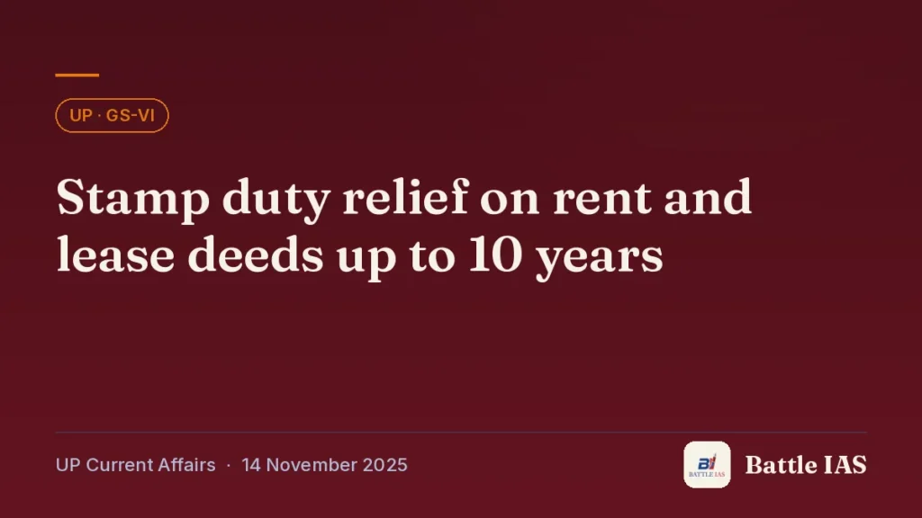 Battle IAS UP current affairs title card: Stamp duty relief on rent and lease deeds up to 10 years (, 14 November 2025)