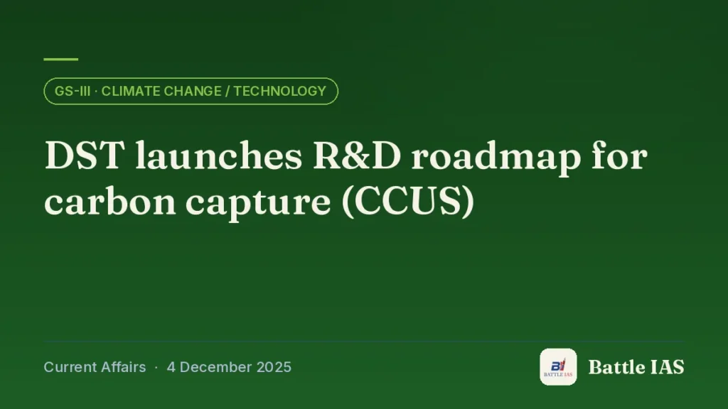 Battle IAS current affairs title card: DST launches R&D roadmap for carbon capture (CCUS) (GS3 · Climate change / technology, 4 December 2025)