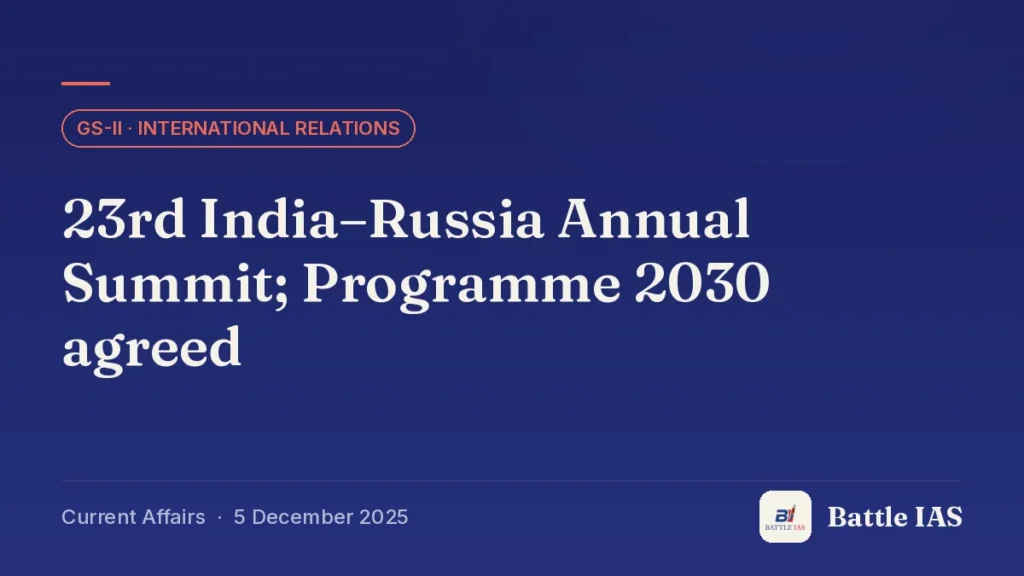 Battle IAS current affairs title card: 23rd India–Russia Annual Summit; Programme 2030 agreed (GS2 · International relations, 5 December 2025)