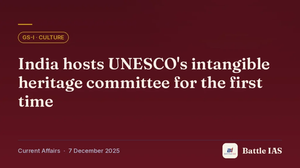 Battle IAS current affairs title card: India hosts UNESCO's intangible heritage committee for the first time (GS1 · Culture, 7 December 2025)