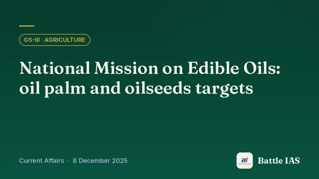 Battle IAS current affairs title card: National Mission on Edible Oils: oil palm and oilseeds targets (GS3 · Agriculture, 8 December 2025)