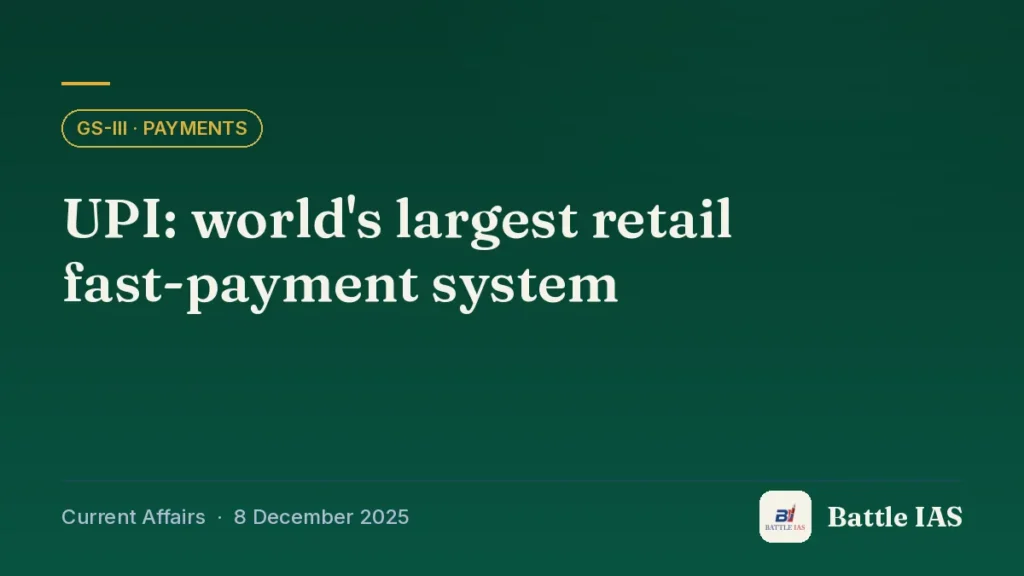 Battle IAS current affairs title card: UPI: world's largest retail fast-payment system (GS3 · Payments, 8 December 2025)