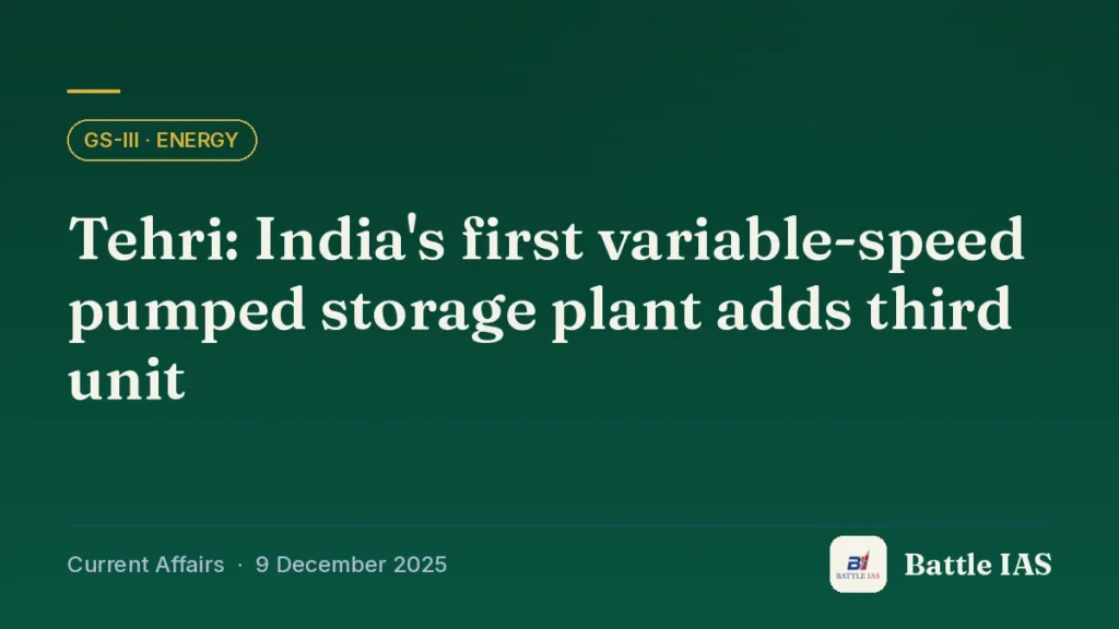 Battle IAS current affairs title card: Tehri: India's first variable-speed pumped storage plant adds third unit (GS3 · Energy, 9 December 2025)