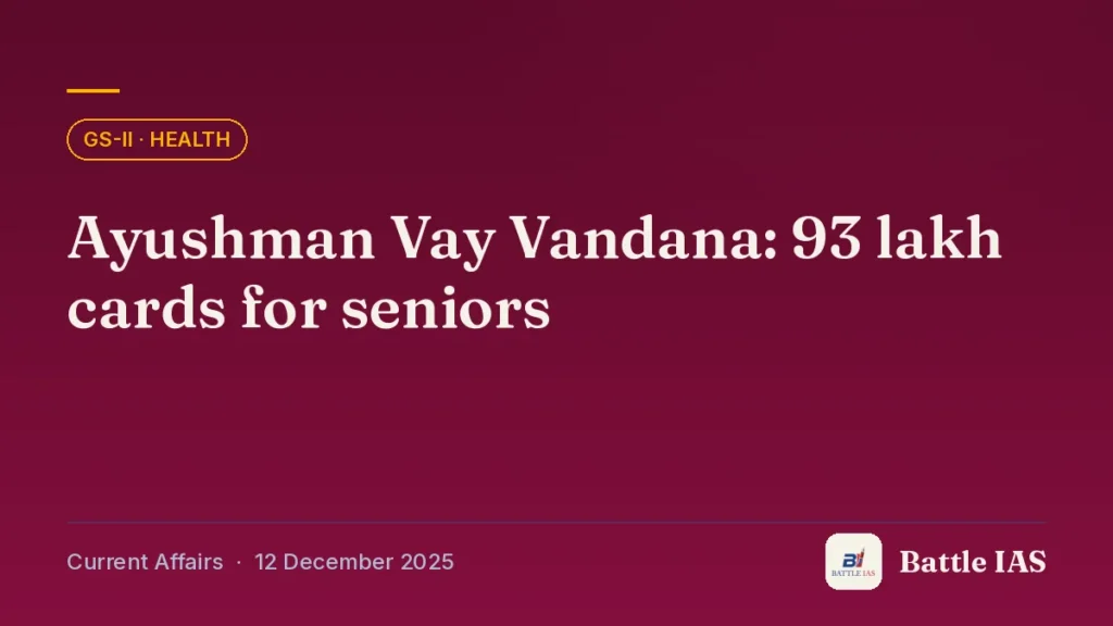 Battle IAS current affairs title card: Ayushman Vay Vandana: 93 lakh cards for seniors (GS2 · Health, 12 December 2025)