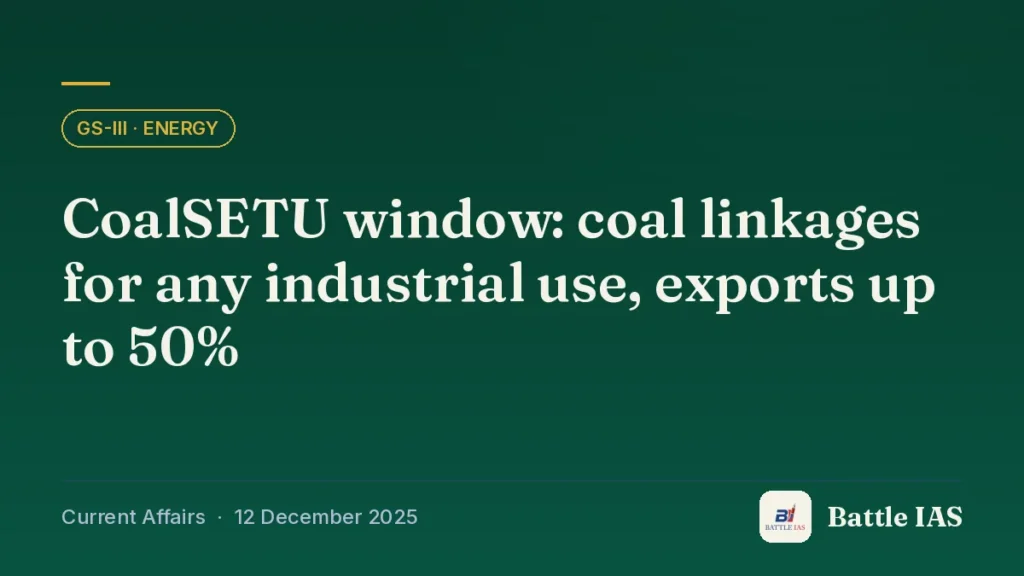 Battle IAS current affairs title card: CoalSETU window: coal linkages for any industrial use, exports up to 50% (GS3 · Energy, 12 December 2025)