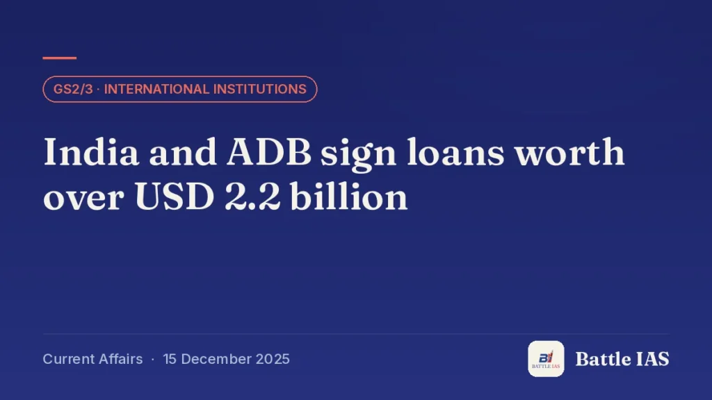 Battle IAS current affairs title card: India and ADB sign loans worth over USD 2.2 billion (GS2/3 · International institutions, 15 December 2025)