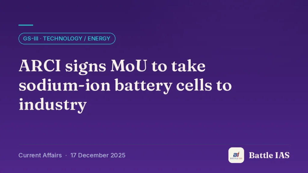 Battle IAS current affairs title card: ARCI signs MoU to take sodium-ion battery cells to industry (GS3 · Technology / energy, 17 December 2025)