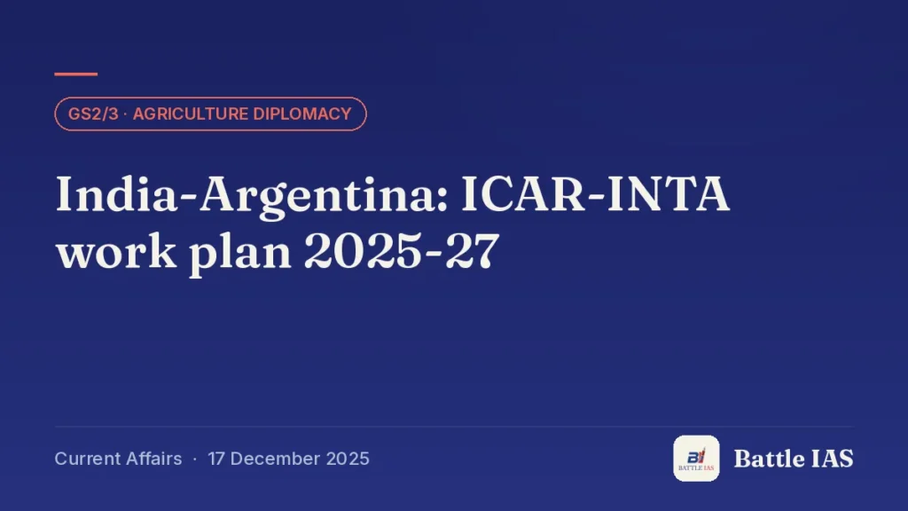 Battle IAS current affairs title card: India-Argentina: ICAR-INTA work plan 2025-27 (GS2/3 · Agriculture diplomacy, 17 December 2025)