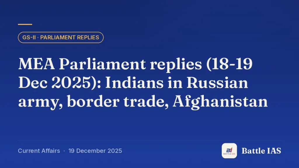Battle IAS current affairs title card: MEA Parliament replies (18-19 Dec 2025): Indians in Russian army, border trade, Afghanistan (GS2 · Parliament replies, 19 December 2025)